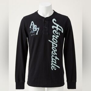 Aeropostale Vintage Style Henley Black Graphic Long Sleeve Shirt Mens Size Small